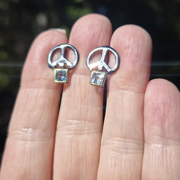 Topaz Natural Gemstone Peace Sign Sterling Rhodium & Gold Earrings 3k Each - Picture 4 of 8